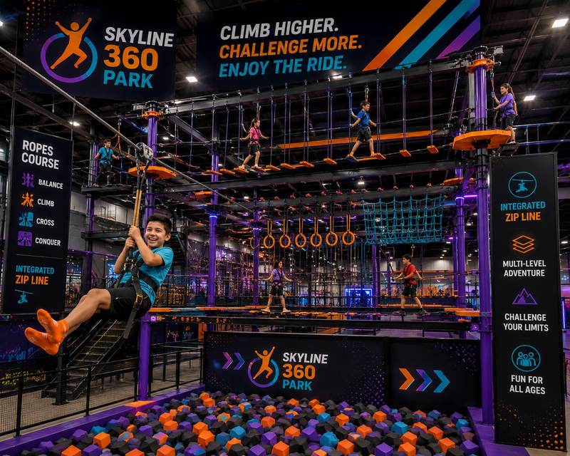 Zip line rider landing above the foam cube pit